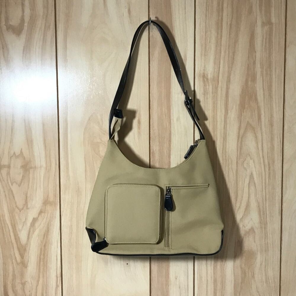 Connections Y2K Retro Hobo Shoulder Purse Beige with Black Trim & Pockets
